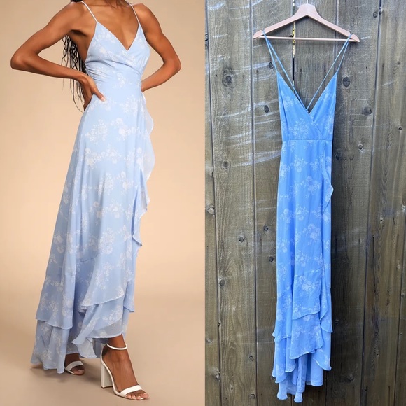 Light Blue Floral Lace-Up Back High-Low Maxi Dress 🌿 - Picture 3 of 12